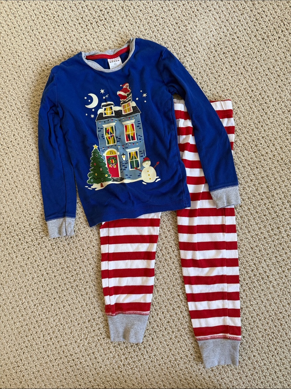 Mini Boden Boy Christmas Pajama Set with Red Striped Pants